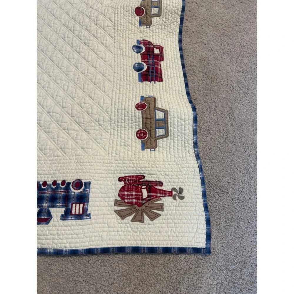 Bacati Collections Transportation Baby Quilt Blue Red Plaid Trains Cars Cream